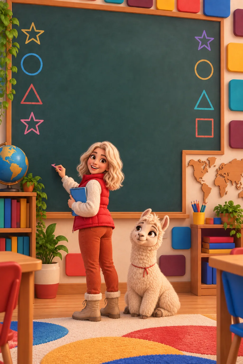 A teacher Lalas escrevendo na lousa com a Lucillama ao lado