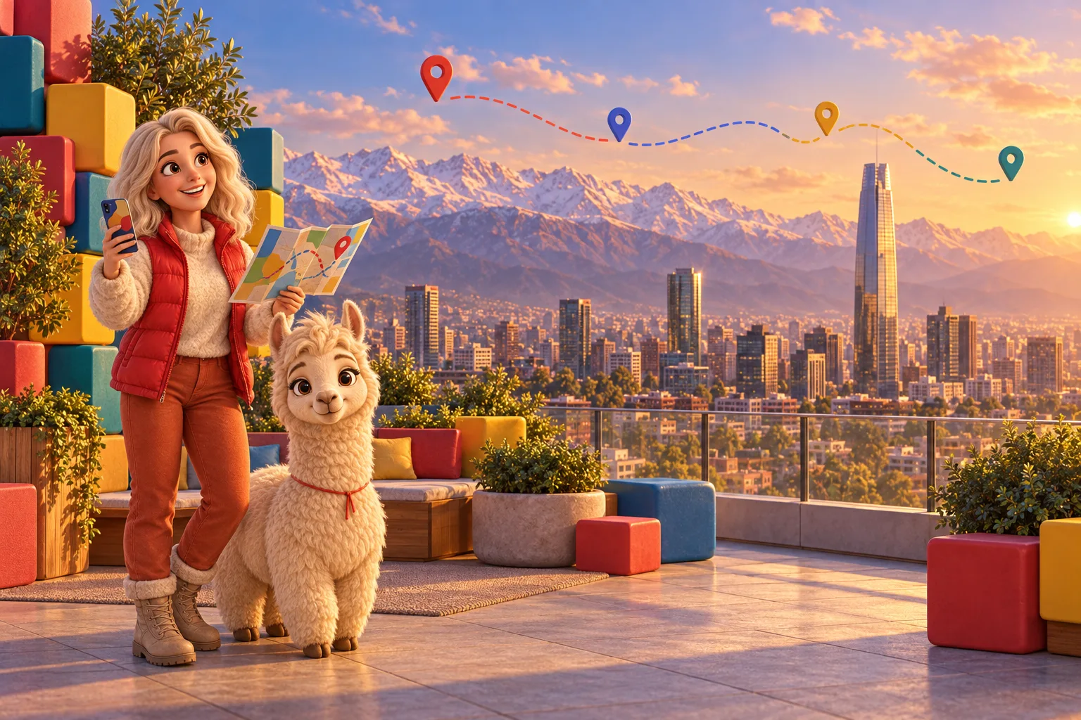 Lalas planejando a viagem com a Lucillama, com Santiago e a cordilheira ao fundo